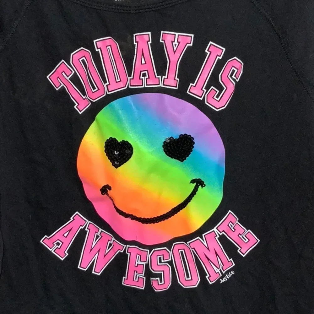 Justice Girls 8 Black Today is Awesome Neon Rainbow Smiley Tee Sequin Tshirt Top
